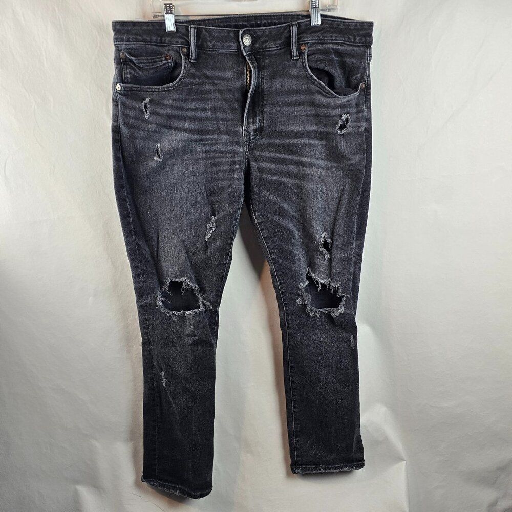American Eagle Jeans Men 38x30 Black Distressed Ripped Slim Airflex Rocker Skate